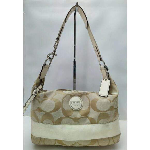 Coach Signature Light Tan Canvas Leather Trim Stripped Zipper Hobo Shoulder Bag - Picture 1 of 12